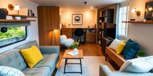 Spațiu mic, mobilă multifuncțională, soluții de depozitare ingenioase.