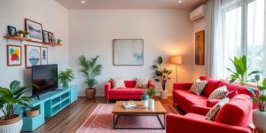 Amenajare interioară creativă cu mobilier modern și plante.