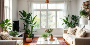 Amenajare interioară modernă cu plante și mobilier elegant.