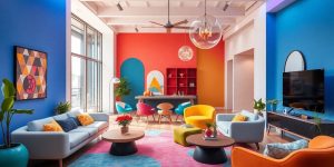 Design interior modern cu mobilier contemporan și culori vibrante.