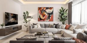 Camera de zi modernă cu mobilier elegant și decor contemporan.