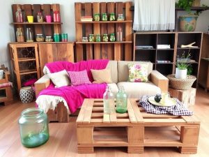 Amenajări interioare cu materiale reciclate diverse.