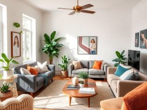 Cameră de zi amenajată cu mobilier modern și plante.