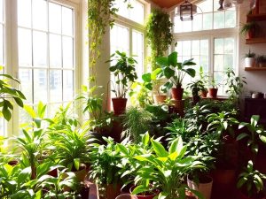 Grădină interioară plină de plante verzi și lumina soarelui.