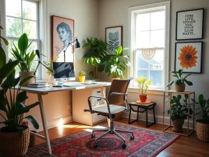 Birou de acasă personalizat cu plante și decor elegant.