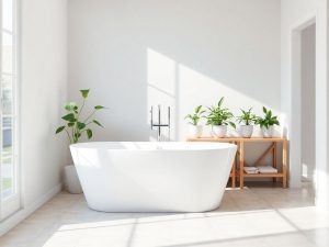 Baie modernă, luminoasă, cu plante și elemente spațioase.