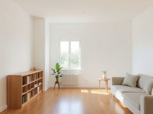 Cameră ordonată cu mobilier modern și plante.