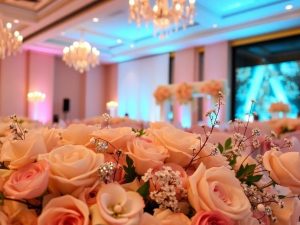 Aranjamente florale elegante, lumini ambientale calde, detalii decorative.