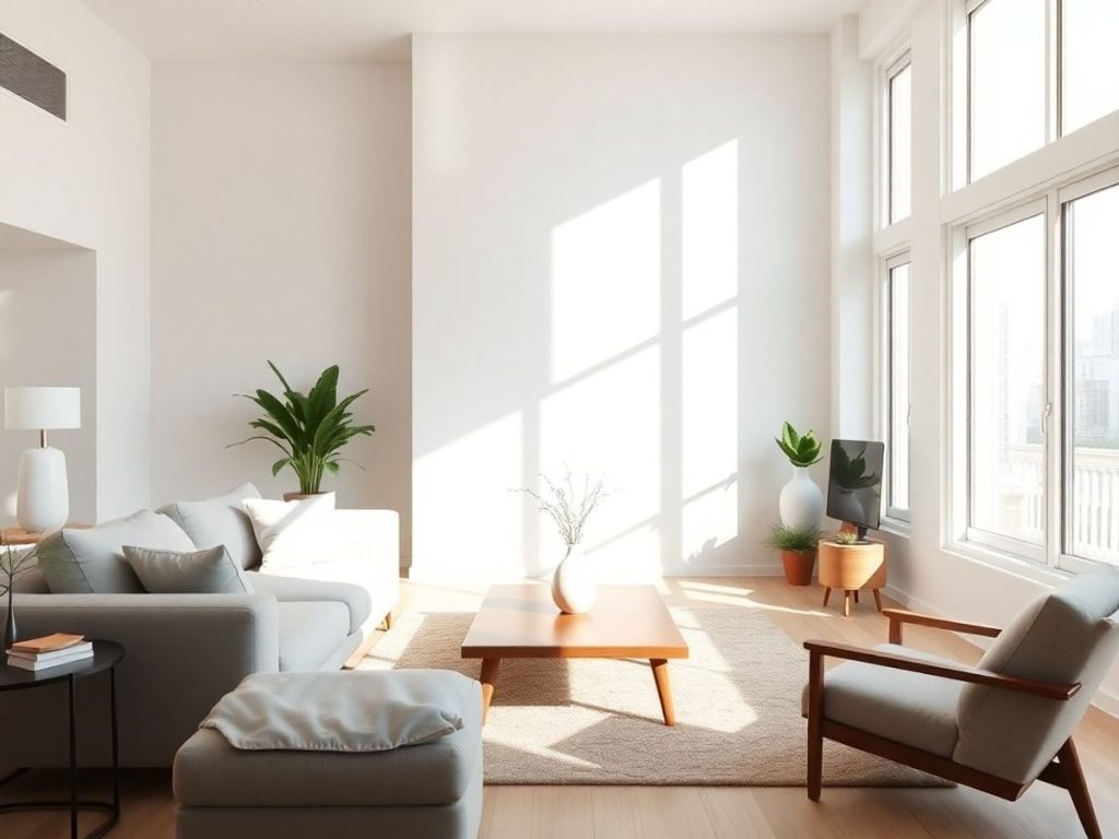Living minimalist cu mobilier curat și spațiu aerisit.