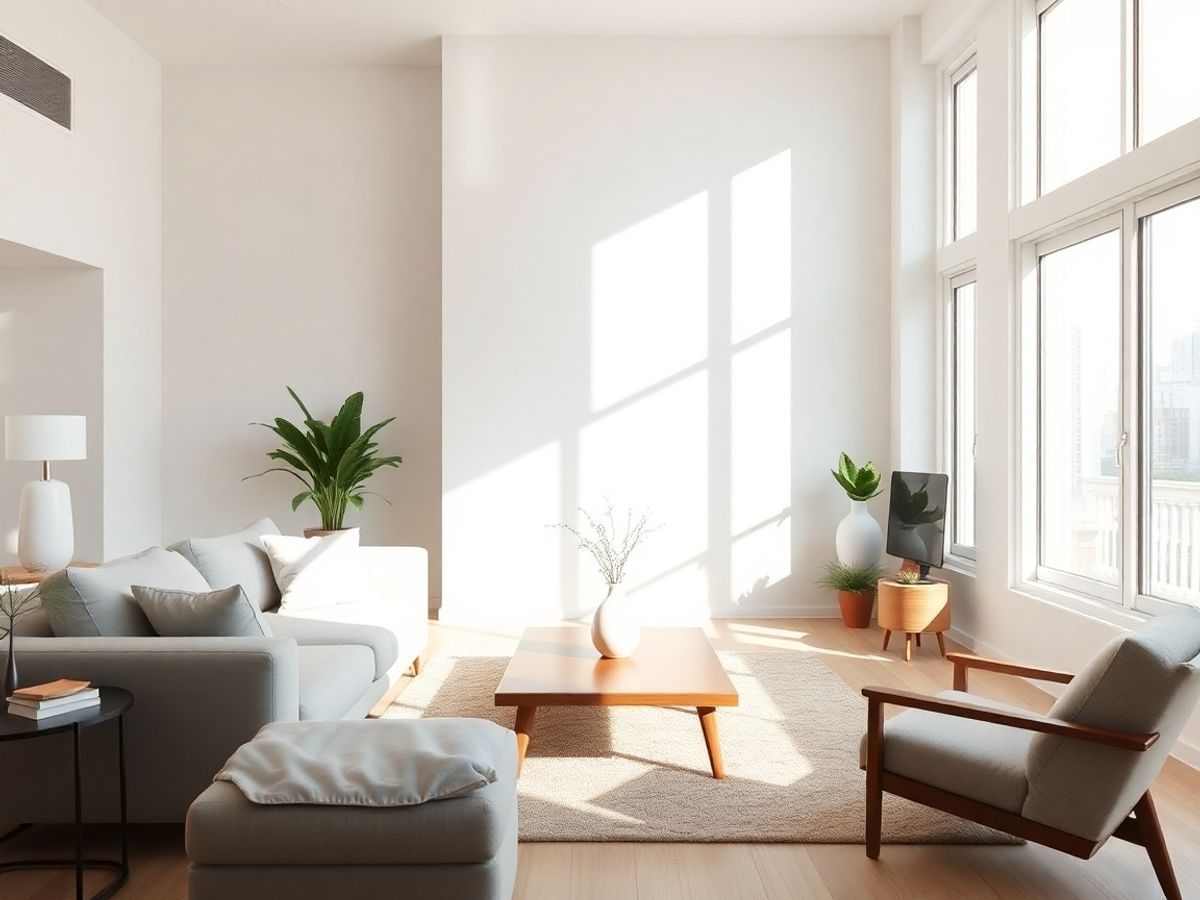 Living minimalist cu mobilier curat și spațiu aerisit.