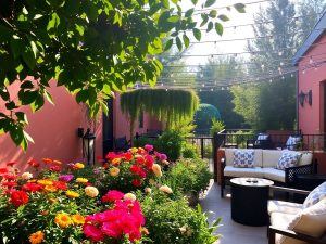 Grădină terasă primitoare cu flori și mobilier