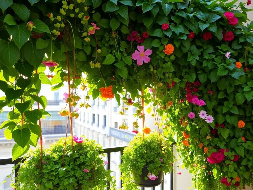 Grădină suspendată vibrantă cu plante verzi pe balcoane.