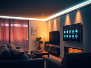 Casa inteligentă cu lumină ambientală și ecran tactil.