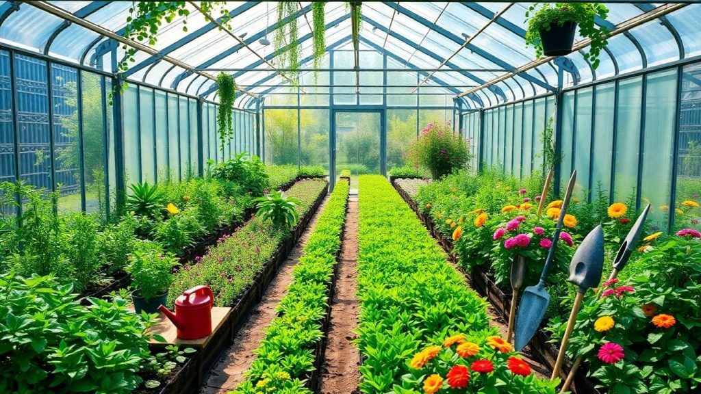 Seră plină cu plante verzi și flori colorate.