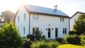 Casă modernă cu panouri solare și grădină verde.