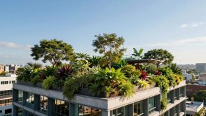 Acoperiș verde pe clădire urbană, plin de vegetație.